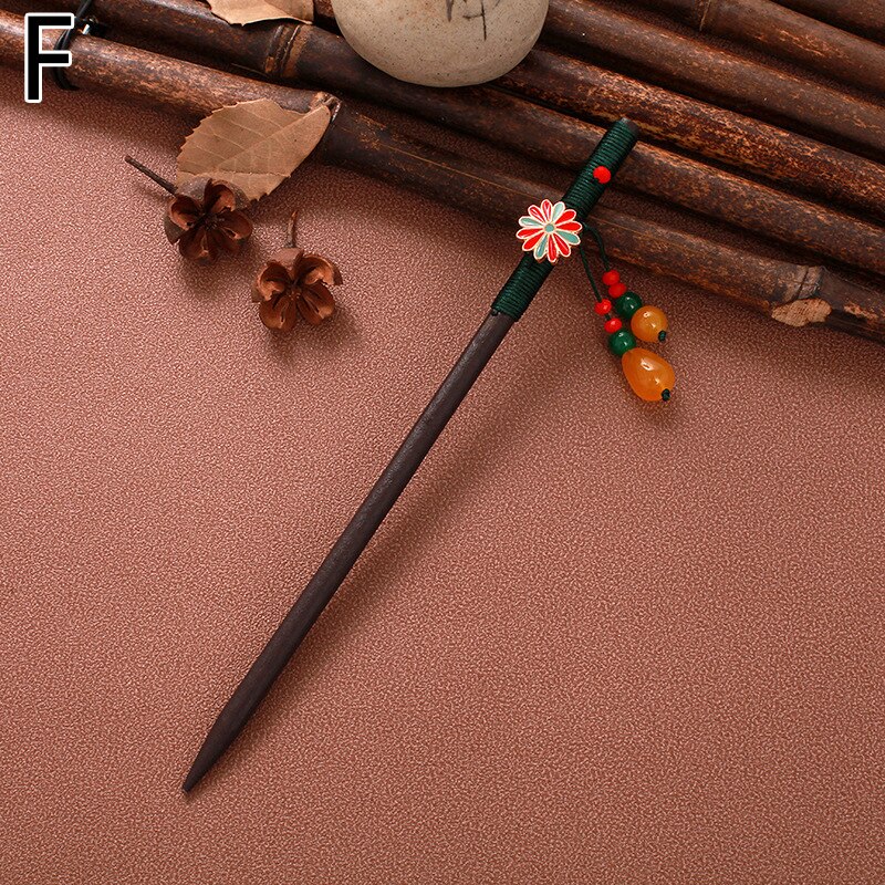 Paletas de madeira estilo chinês, bastão de cabelo artesanal, vintage, com flor, para mulheres, étnicas, acessórios para cabelo: F