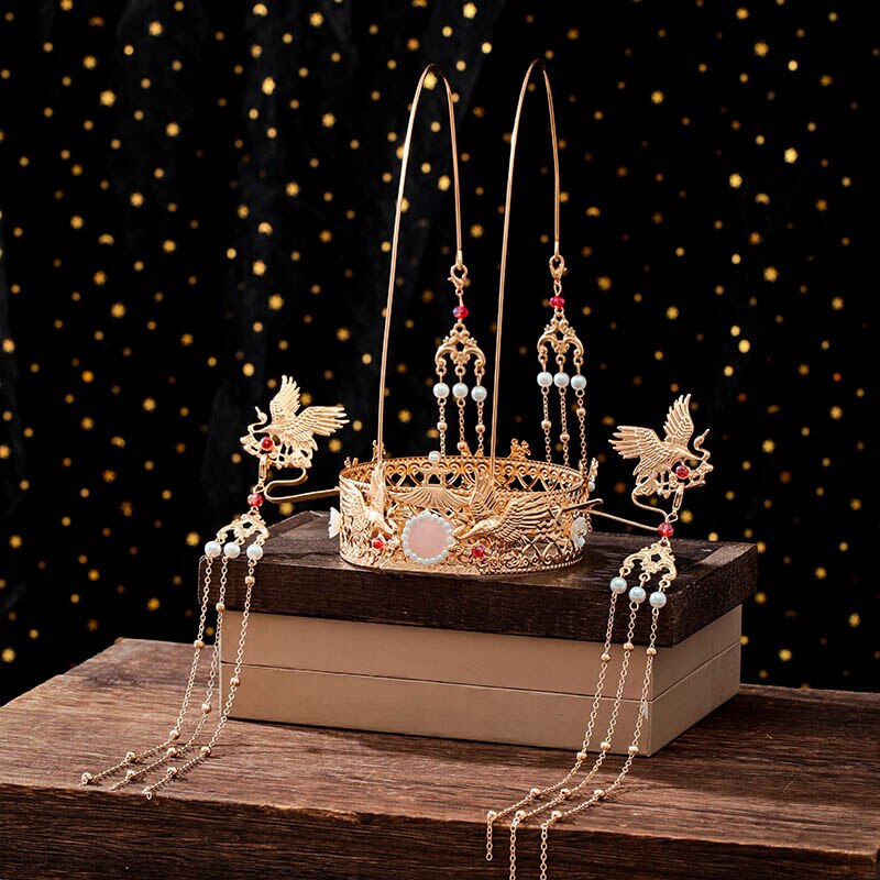 FORSEVEN Luxury Pearls Long Tassel Tiaras and Crowns Hairpins Hair Forks Chinese Wedding Hanfu Dress Show Hair Jewelry