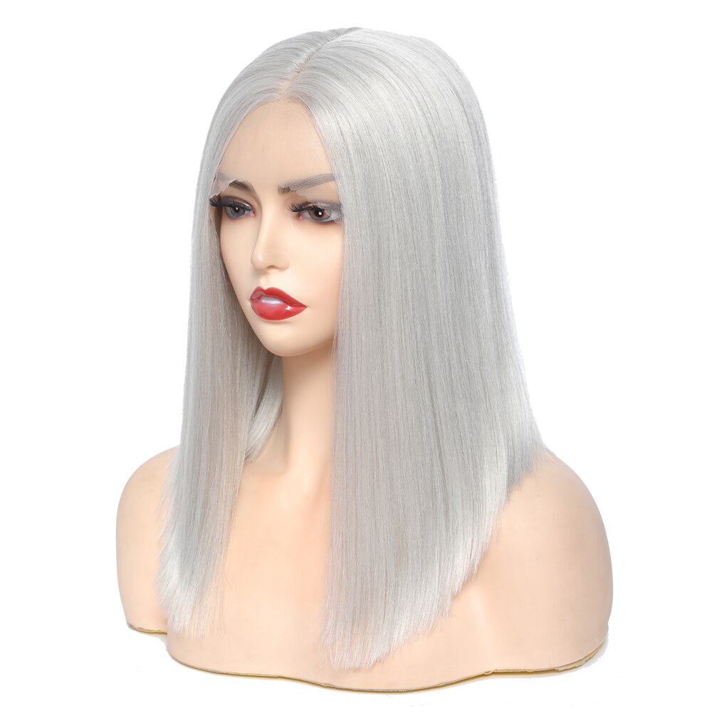 SOKU Synthetic Wigs Short Bob Light Grey Straight Hair For Women 14 Inches Ombre Gray Lace Wig Heat Resistant Middle Part Wigs