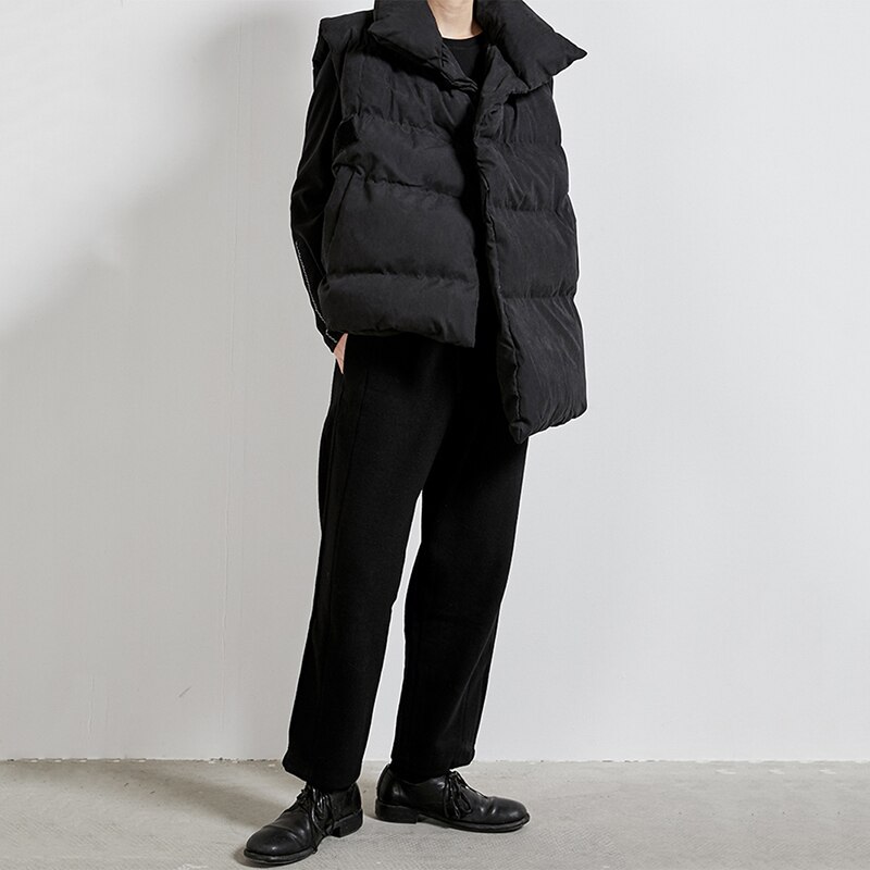 [Eam] feminino preto assimétrico tamanho grande algodão-acolchoado solto ajuste colete nova lapela sem mangas moda maré primavera outono 2020 1n320