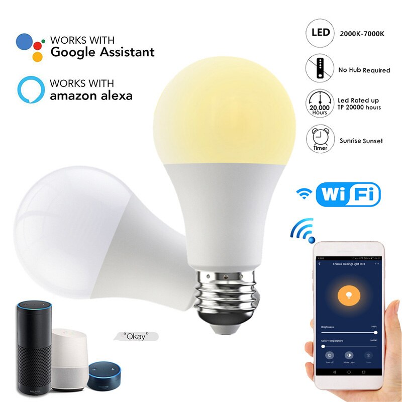 15W 110V/220V Smart Bulb E27/B22 Dimmable Wifi Cold&Warm APP Voice Control Smart Lamp Dual-color Smart Bulb Home LED Lighting