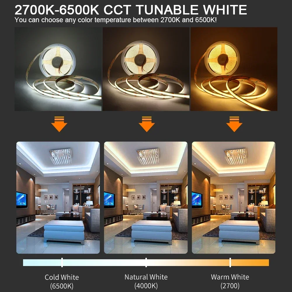 10m cob cct led streifen licht 2700 leds/m hoch dichte flexible cob 5mm led lichter ra90 6500k bis k linear dimmbar 3 drähte dc24v