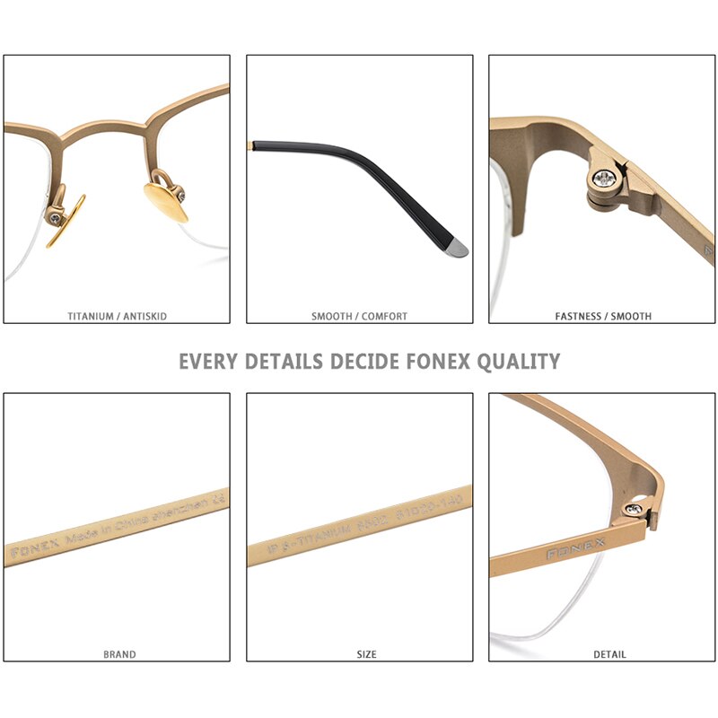 FONEX montura de gafas para hombre gafas ópticas de titanio puro prescripción media llanta gafas Semi sin montura marcos de gafas 8502