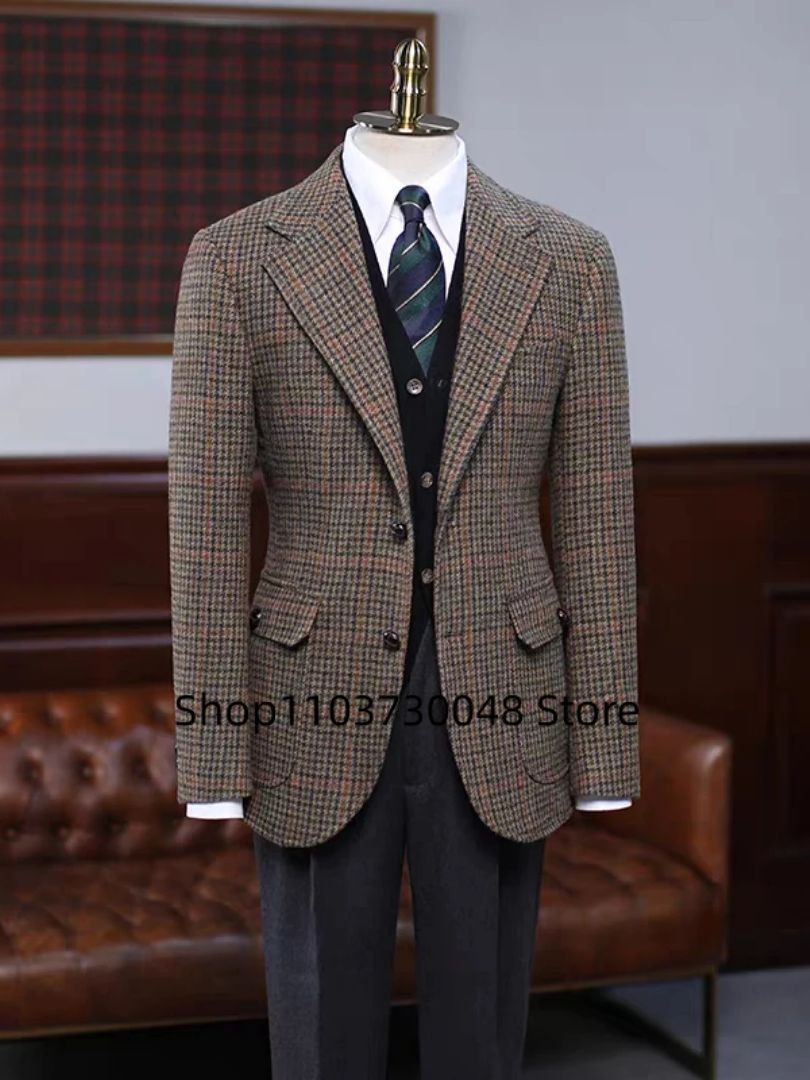 Braune Hahnentritt-Anzugjacke für Herren, Wollblazer, Smoking-Mantel für Abschlussball, Party, einreihig, zwei Knöpfe, Business-/Hochzeitsjacke