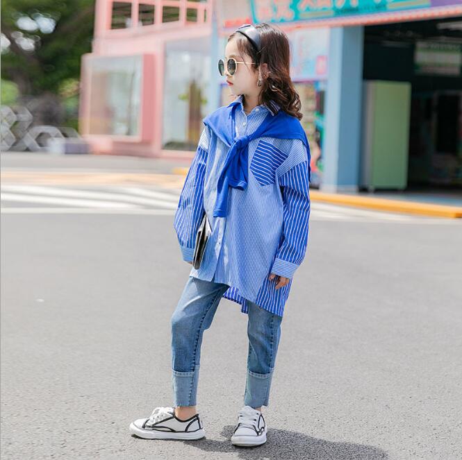 Girls Blouses Autumn Teen Girls Blue Striped Cotton Long Sleeve Shirts Children Top Kids Clothing