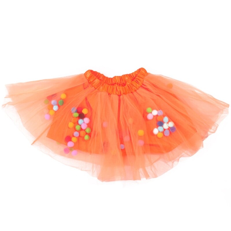 Kids Girls Ballet Layered Fluffy Tulle Tutu Skirt with Rainbow Pom Pom Puff Ball