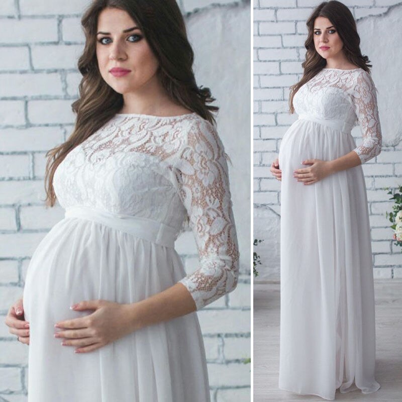 & smukke barsel kvinder aftenkjole plisseret maxi graviditet baby shower brudekjole: Hvid / M