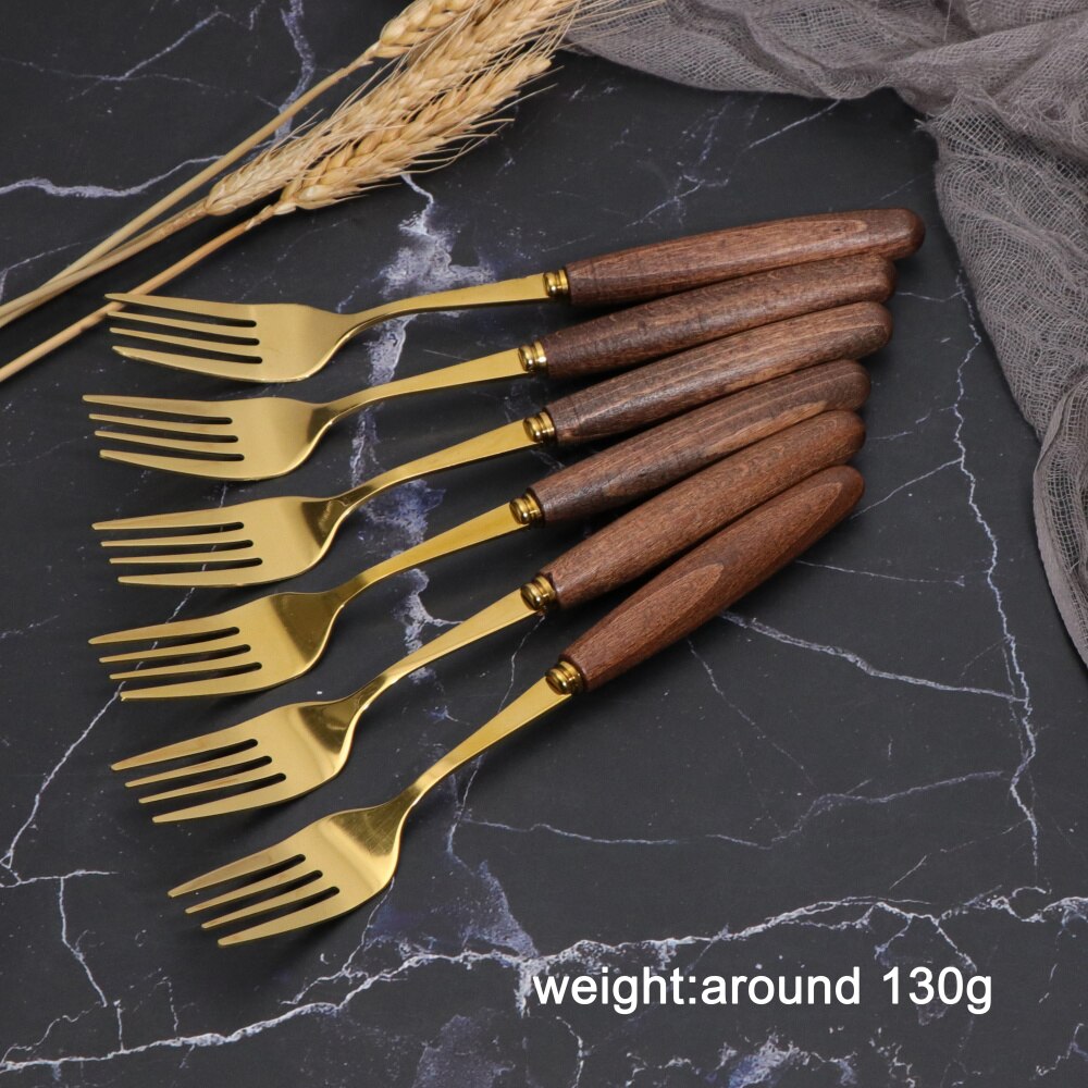 Jaswehome Flatware Cutlery Set Durable Stainless Steel Tableware Wooden Handle Gold Dinnerware Spoons And Forks Set 4-24-pieces: 6pcs dinner fork