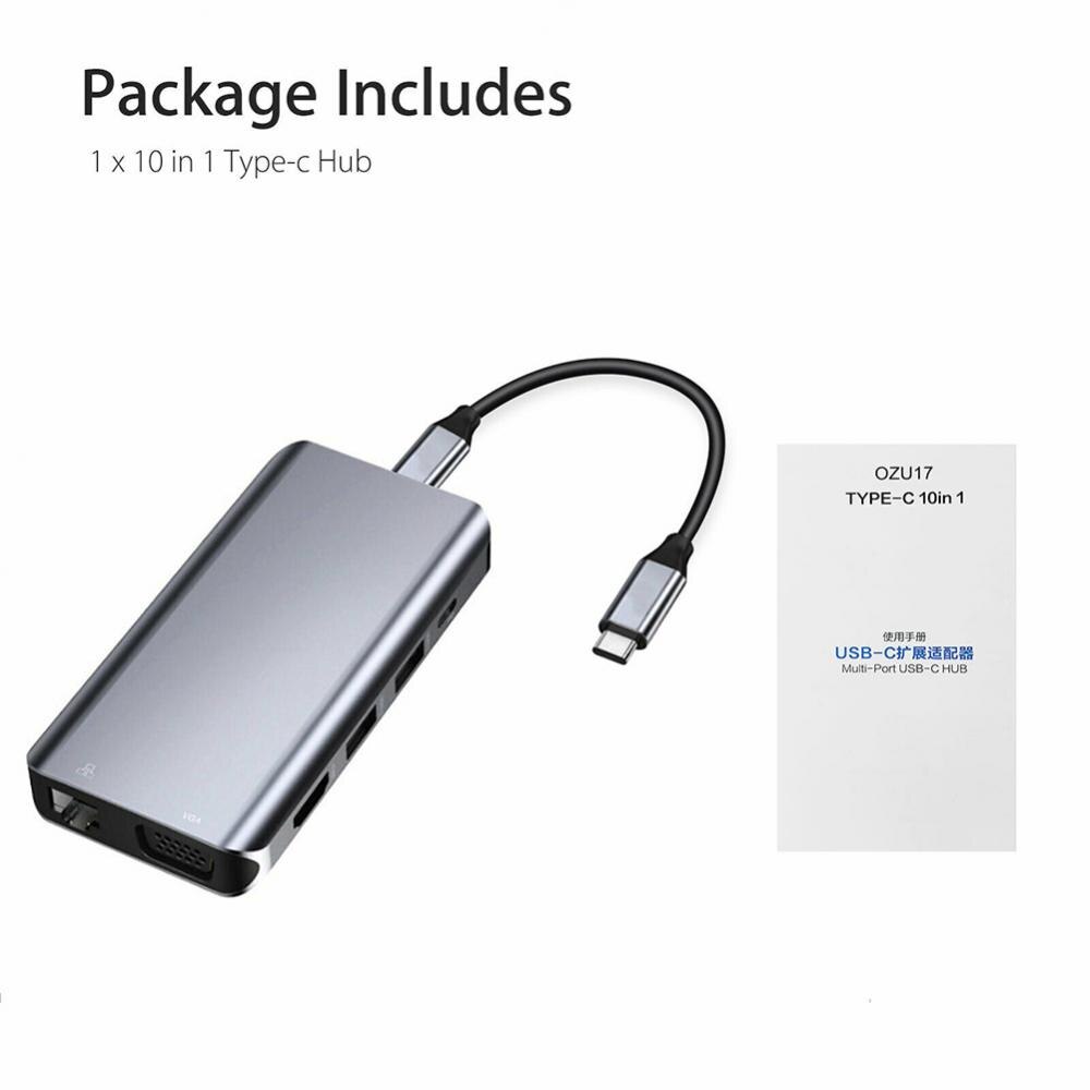 10 w 1 USB C Centrum Multiports adapter stacja dokująca kompatybilny z HDMI VGA Ethernet RJ45 LAN: Default Title