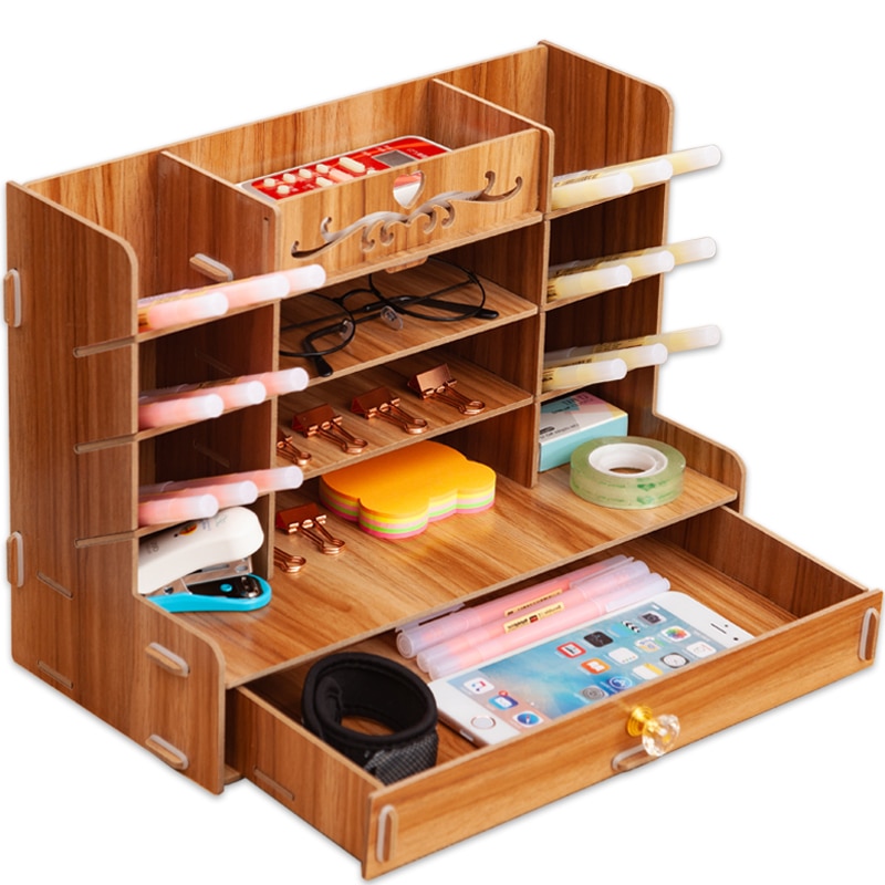 Wooden Desk Organizer Multi-Functional DIY Pen pencil Holder Box Desktop Stationary Home Office Supply Storage Rack