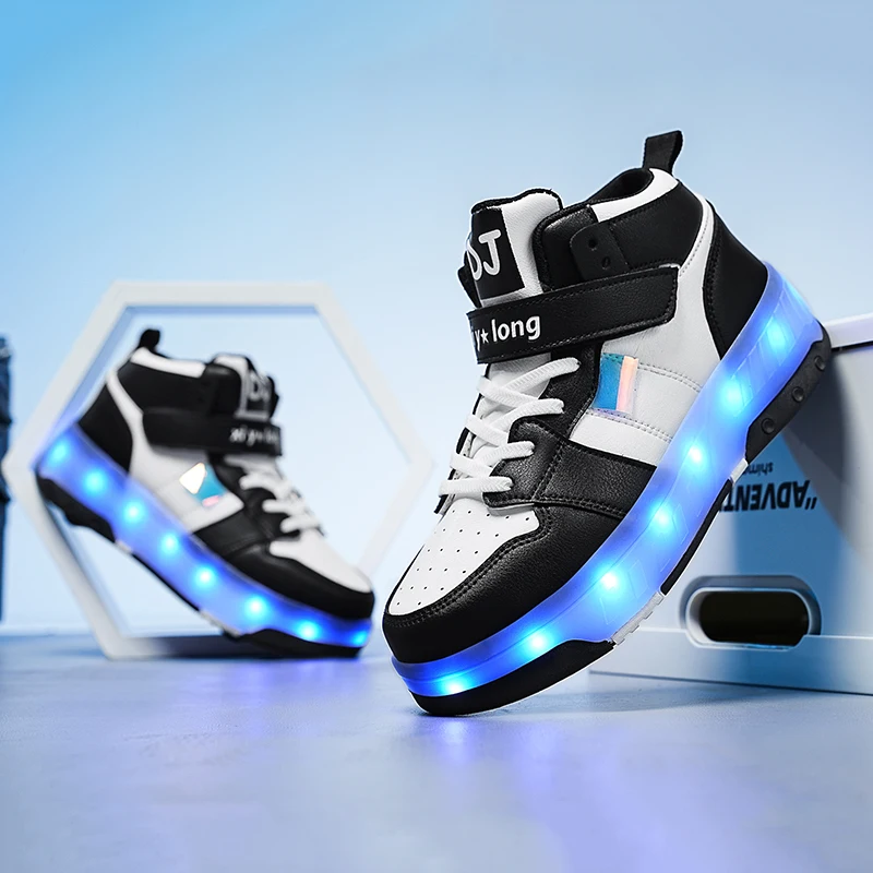 Roller Skates with Lights 4 Wheels Removable Wheels Shoes Men and Women High Top Breathable Sports Shoes Teenagers