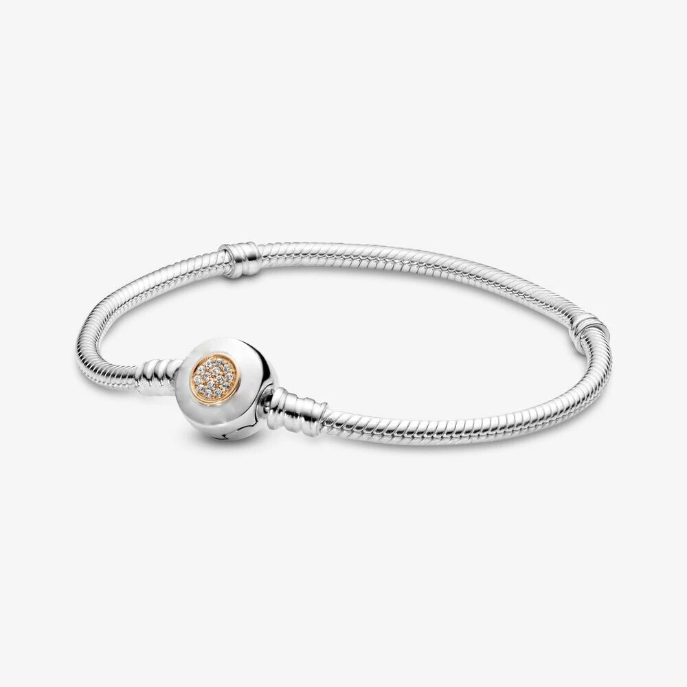 Vero argento sterling 925 zircone tondo fibbia bracciale in argento dorato misura originale Pan bead charm bracciale donna gioielli 2020: Gold / 16 centimetri