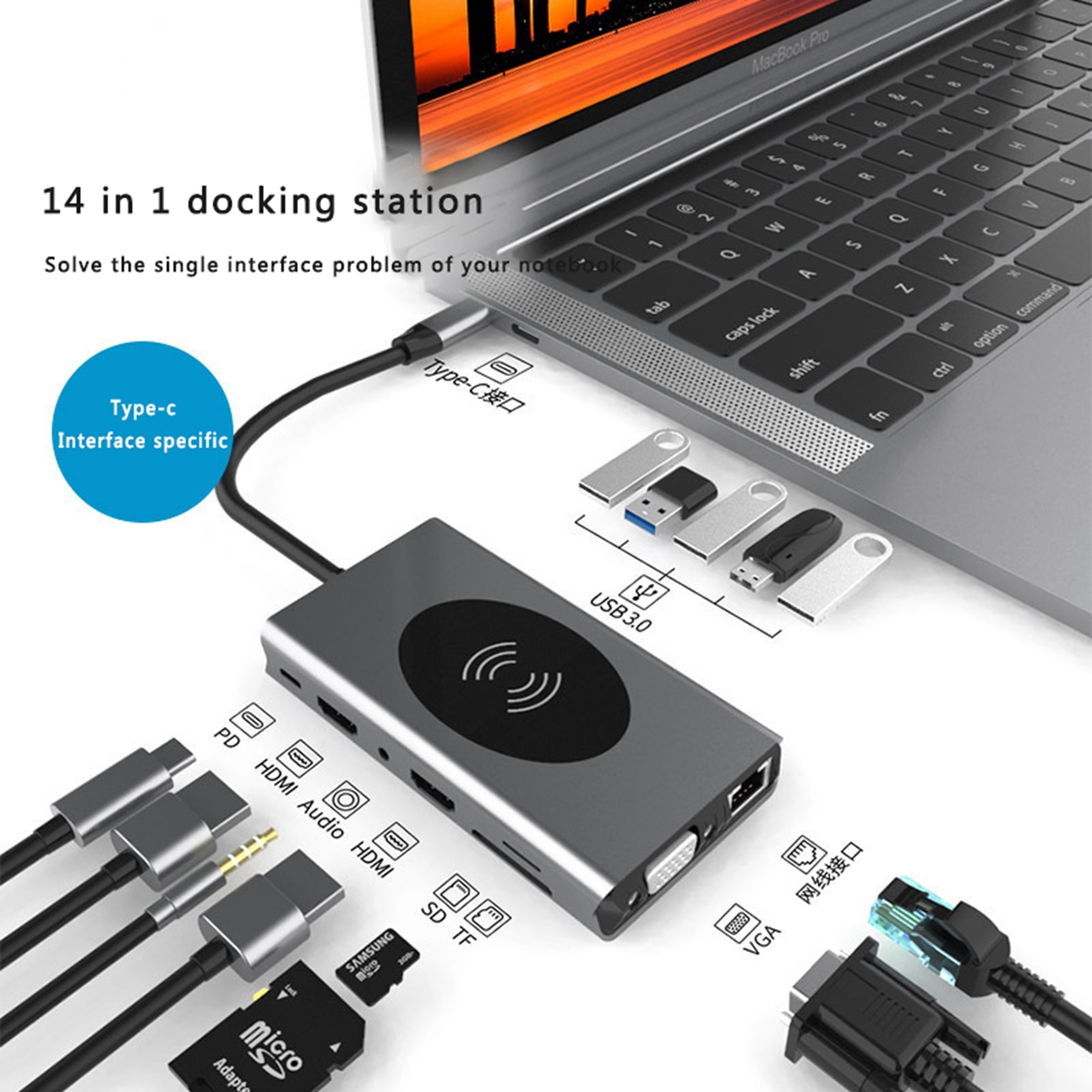 Hub USB C de , estación de acoplamiento para portátil, cargador inalámbrico 14 en 1, adaptador de Triple pantalla tipo C