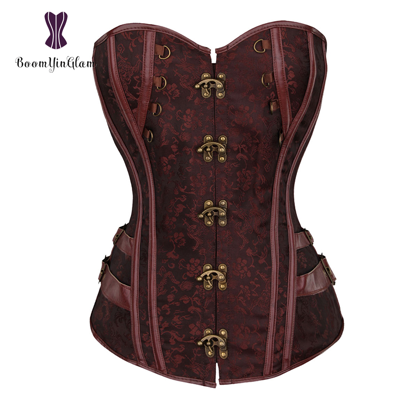 Midja tränare brokad steampunk jacquard konstläder dubbade överbyst brun korsett bustier med kedjor s -6xl 916#