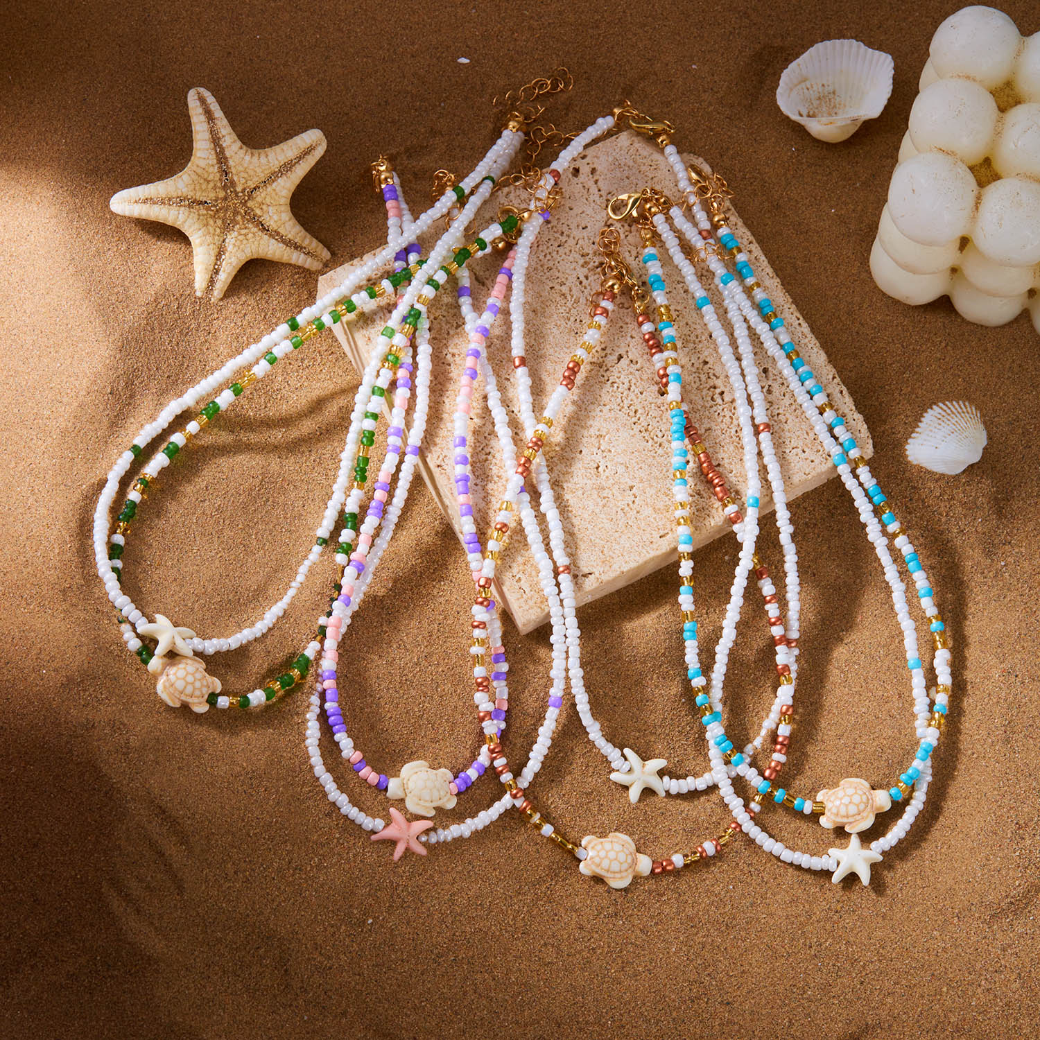 Collar bohemio con colgante de tortuga y estrella de mar con doble cuentas para mujer, gargantilla de cadena para clavícula con cuentas de semillas coloridas, joyería para en la playa