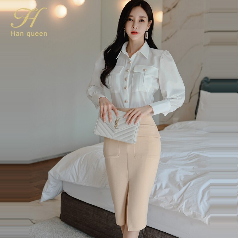 H Han Queen – ensemble chemisier blanc et jupe crayon fourreau fendue pour femme, tenue de bureau coréenne Simple, 2 pièces, printemps