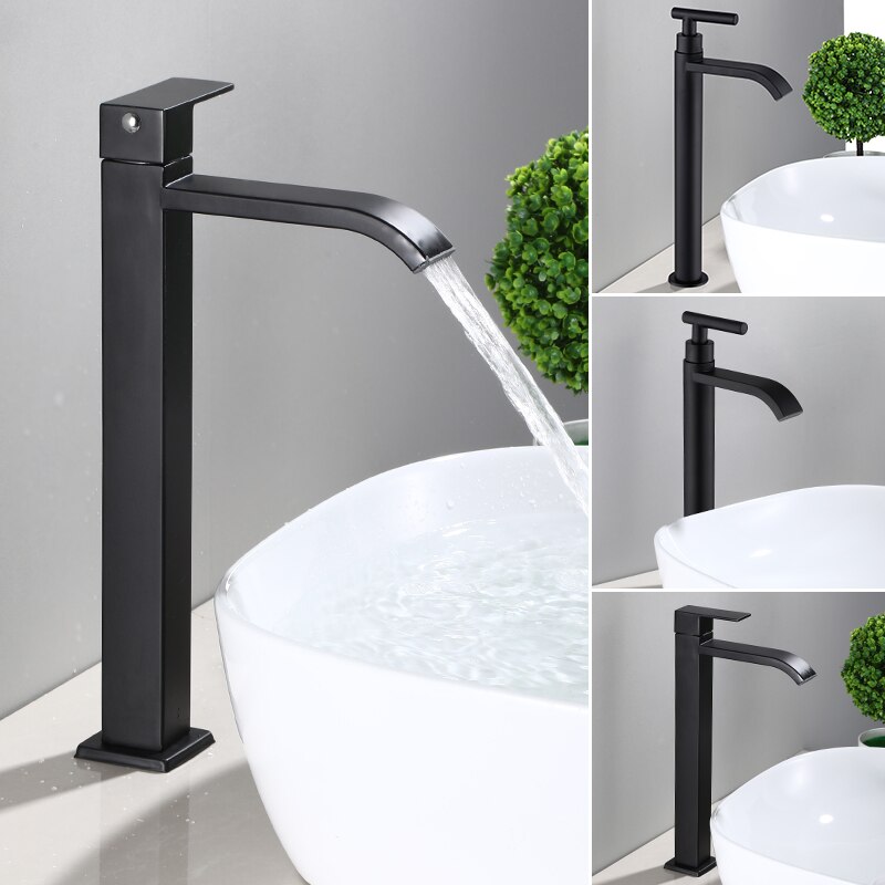 Bathroom Basin Faucet Stainless Steel Waterfall Tall Sink Vessel Tap Matt Black Single Handle Deck Mount Lavotory Faucets