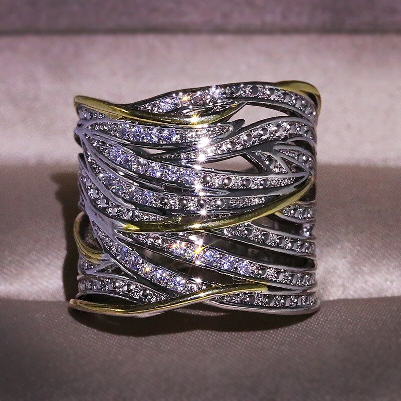 Silver Gold Big Band Wing Feather Ring for Women Wedding Engagement Jewelry with Zircon Stone 925 Silver