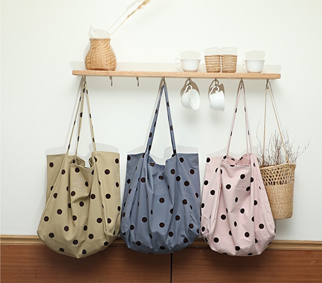 Oversized canvas tas met stippen, japanse tiener, schattige grote capaciteit, open handtas, herbruikbare stoffen dagelijkse boodschappentas