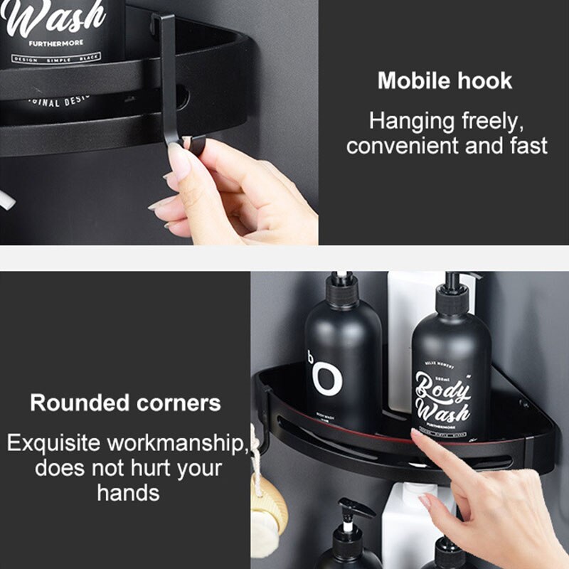 Bathroom Toilet Shelf Wall Shelf Triangle Shower Storage Rack Bath Shampoo Wall-Free Punching Black Aluminum Toilet Corner Shelf