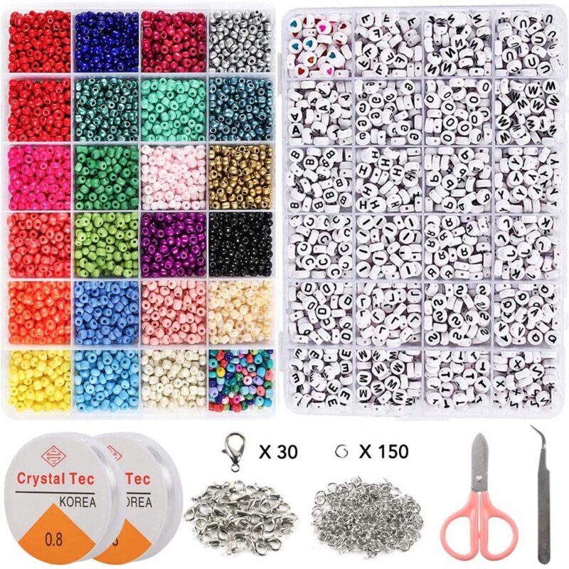 Bead Craft Kit Set Glass Seed Letter Alphabet Beads DIY Art Handmade Crafts Elastic String Cord Bead Craft Kit Set