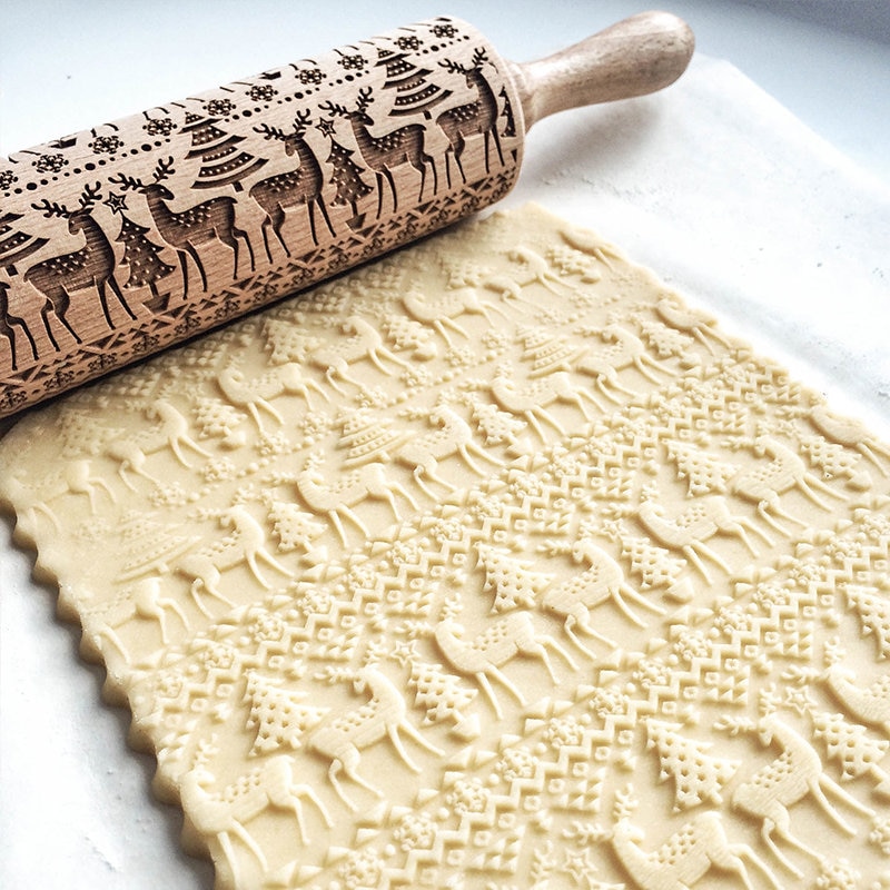 Kid Manual Rolling Pins Engraved with Designe Patterns Wooden Roller For Baking Embossed Cookies kitchen tools Christmas
