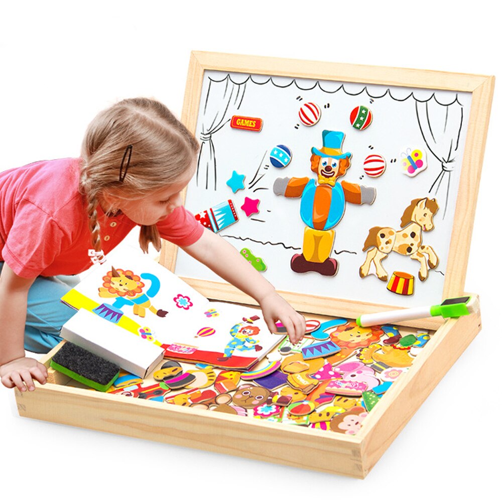 100Pcs Dier Magnetische Houten Puzzel Speelgoed 3D Kinderen Voertuig/Circus Tekentafel Multifunctionele Leren Speelgoed Doos