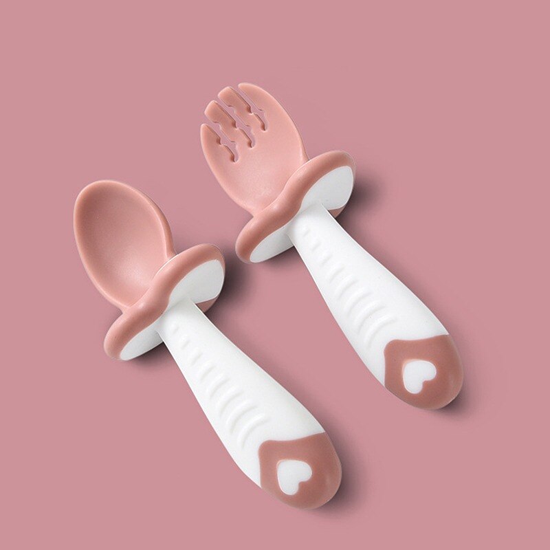 Cuchara y tenedor de cabeza suave para entrenamiento de bebé, juego de tenedor cuchara sin BPA
