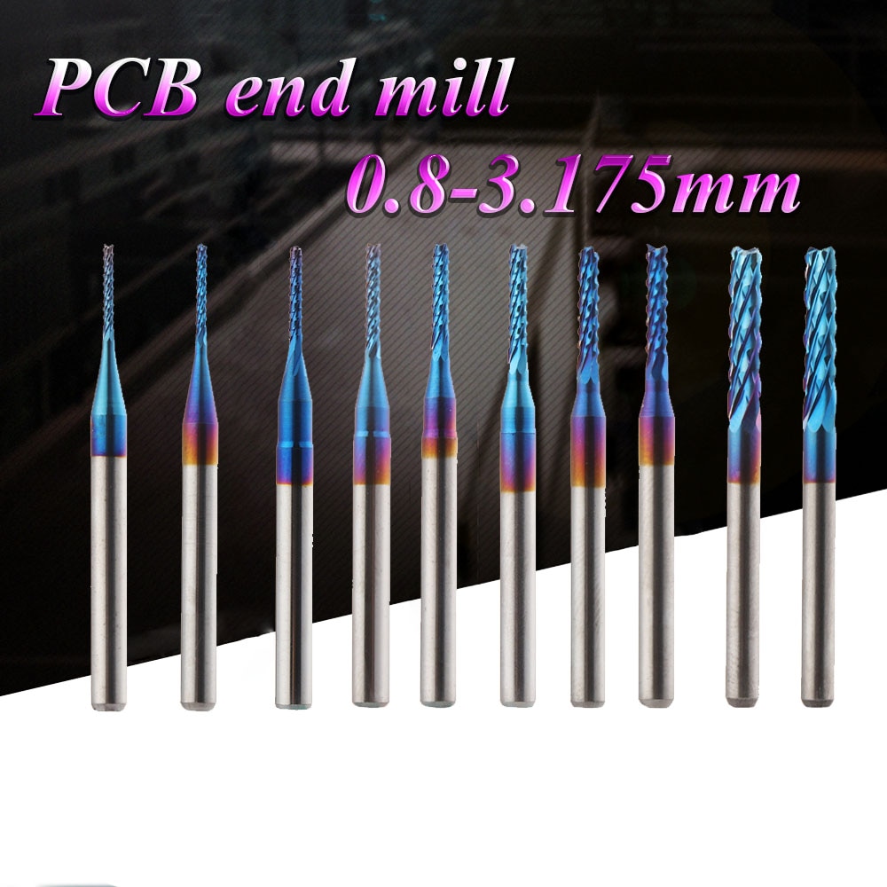 End Mill Cutter Blue Titanium Coated Edge Cutter Carbide For PCB Machine CNC Router Bits Engraving Cutting Grinding 0.8-3.175mm