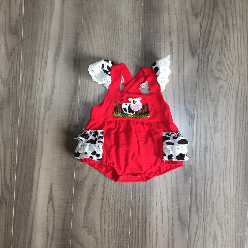 Zomer Baby Meisjes Jongens Koe Farm Yard Truck Mouwloze Tie Romper Kinderen Kleding Boutique Chick Ruche Melk Zijde Jumpsuit: girls red / 24M