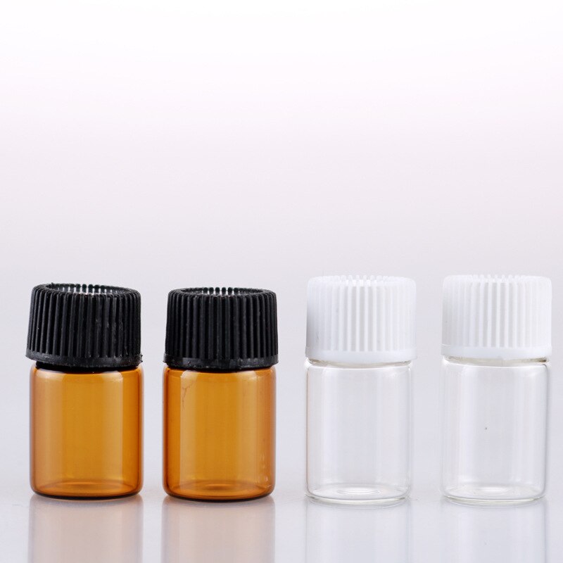 10 Uds. 1/2/3 ML PVC ámbar botella de aceite esencial vidrio delgado pequeños frascos de aceite de Perfume marrón botella de prueba con reductor de orificio