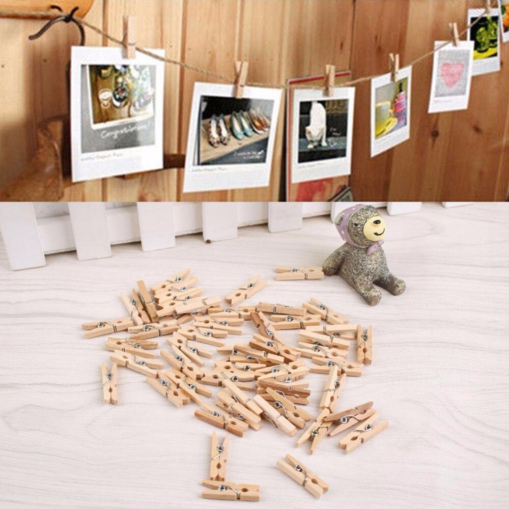 50 Uds Mini Clips de pinza de ropa de madera Natural para fotos de papel pinza de ropa artesanal 25mm Clips de primavera para ropa de madera para el hogar