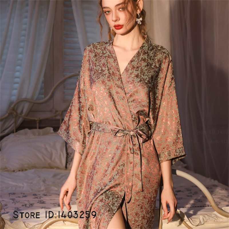 Chinese Style Jacquard Long Robe Nightgown Silk Satin Kimono Bathrobe Gown Spring Summer Sleepwear Home Dress Pajama: 3XL / army green
