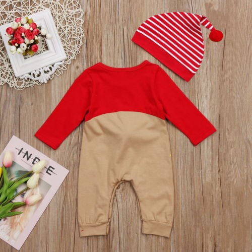 Kerst Leuke Infant Kids Baby Meisjes Jongens Romper Hoeden 2 Stuks Herten Print Patchwork Rode Jumpsuits Romper