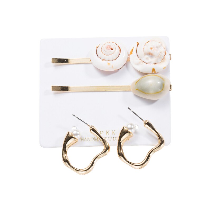 Find Me Shell Rhinestone Earrings Hairpins Jewelry Set for Women Simple Alloy Imitation Pearl Hair Clips Accessories: 3