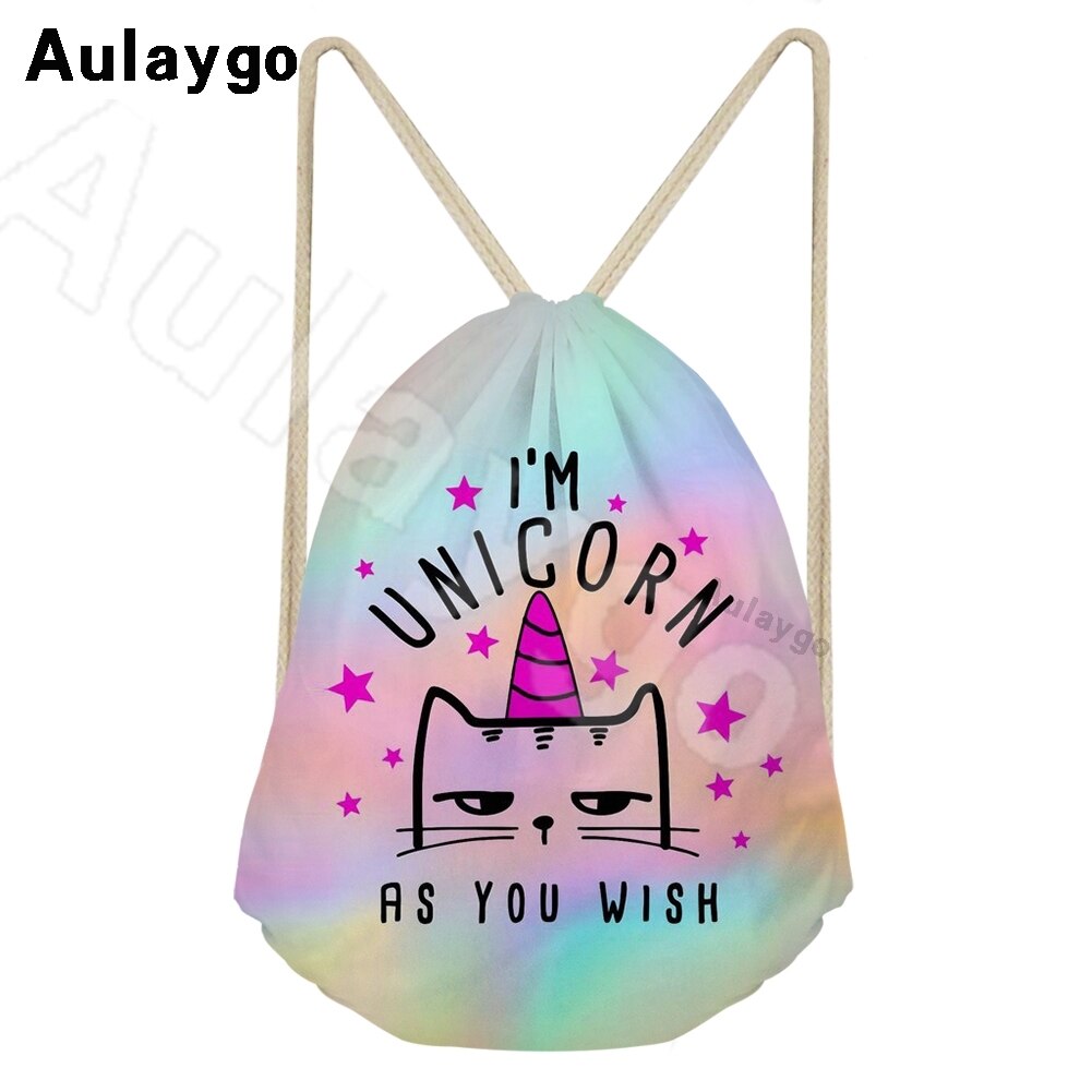 Aulaygo unicorn ryggsäck för barn reselinje unicorn färg bokstavstryck kawaii dragsko väskor axel barn skolväska: Guld-