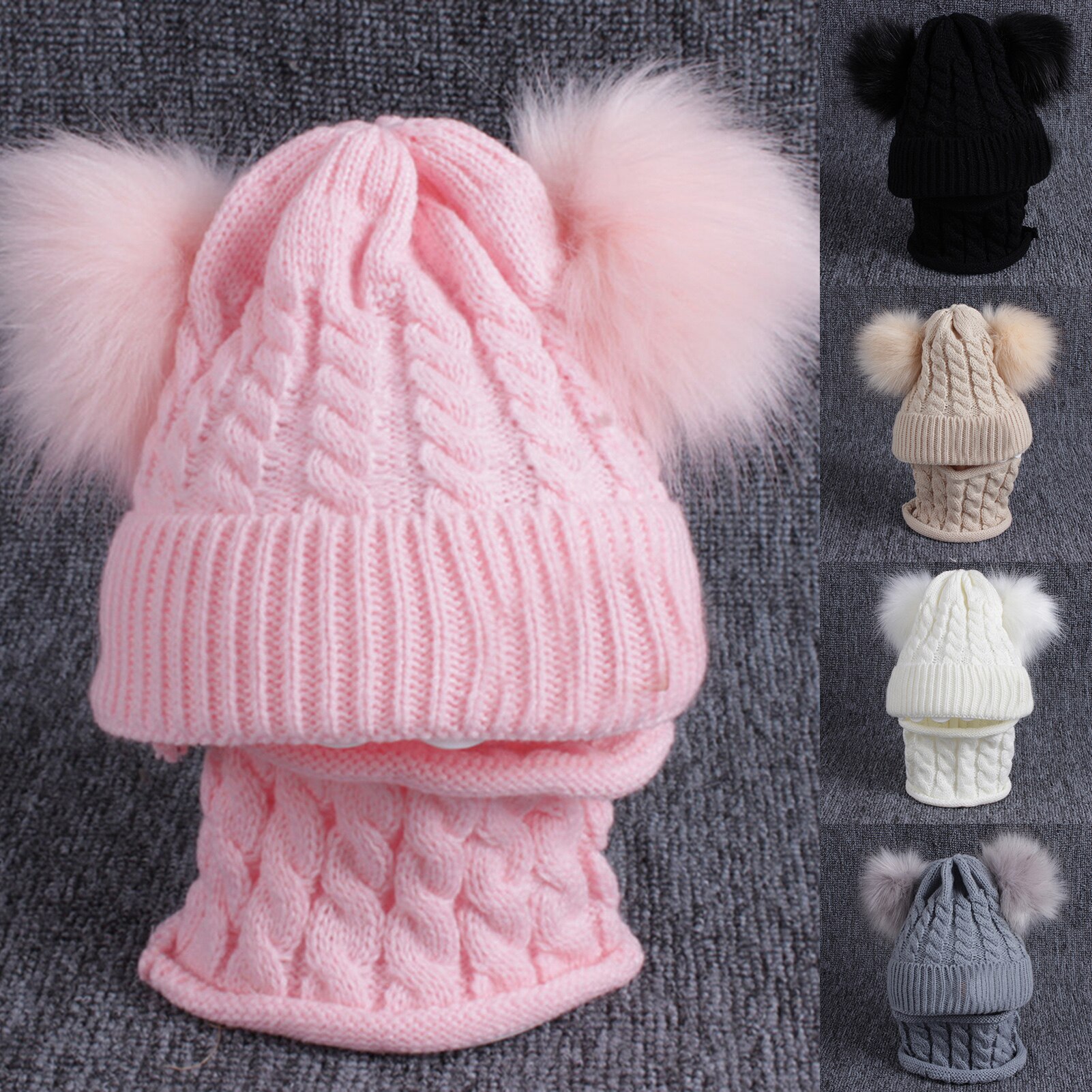 Gorros de invierno para niños, orejas para niñas, niños, gorros cálidos, gorros de invierno para bebés, gorro trenzado de doble Pompón, gorro de punto, conjunto de bufanda de cuello cálido