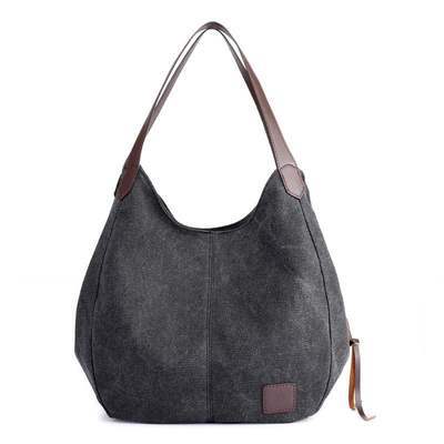 Women's One-shoulder Handbag All-match Simple Literary Fan Female Bag Student Shopping Bag Casual Canvas Bag: Black