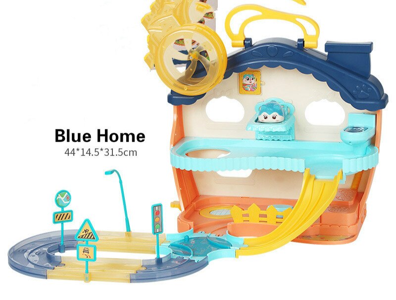 Electric Hamster Grow House Elven Track Car Set Children Play House Educational Scene Toy For Kids: Blue Home