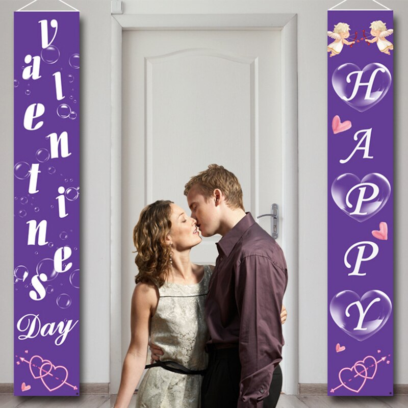 ZL 2 PCS Valentines Day Decorations Purple Banners Door Porch Sign Hanging Love Heart Streamers Wall Decor Party Supplies