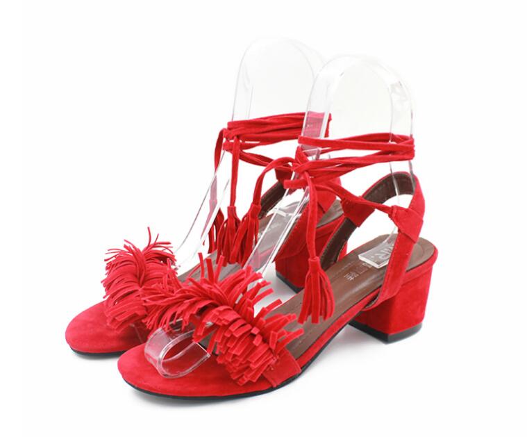 Tassel Sandals Block High Heels Gladiator Sandals Red Ladies Summer Shoes Woman Party Shoes Sandalias Zapatos Mujer: 2 / 6