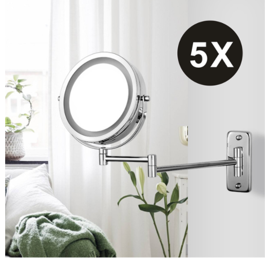 Folding Arm Extend Bathroom Mirror with LED Light 7 Inch Wall Mounted Double Side Smart Cosmetic Makeup Mirrors Mirror Wall: 5X Magnifying