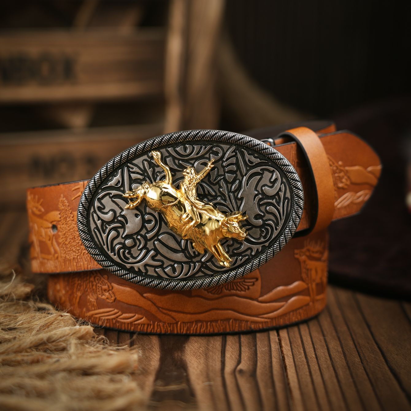 Ceinture en cuir PU Western Cowboy – Sangle de taille pour hommes, décoration de taureau, gravure florale pour jeans