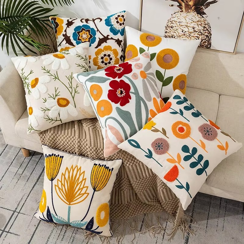 45X45CM Bloem Geborduurde Sierkussen Cover Plant Handdoek Moderne Stempelen Taille Kussenhoes Decor Home Decoratieve kussensloop