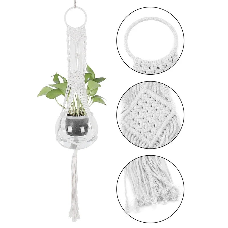Macrame vægophæng planteophæng planteophæng håndstrikning naturlig snor planteophæng kurv planteholder
