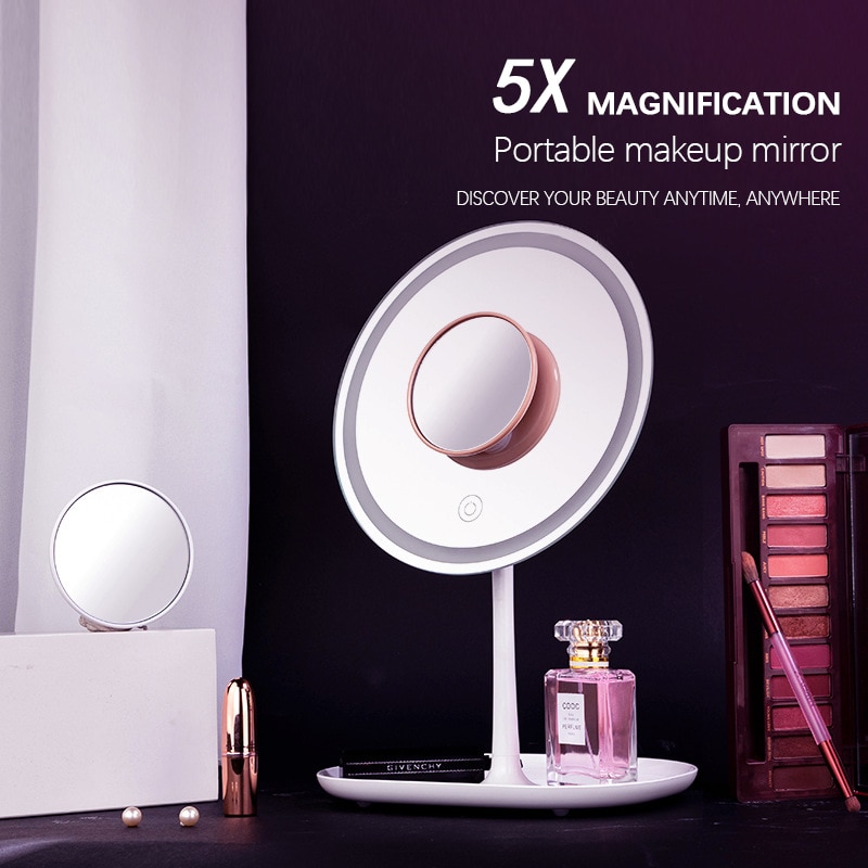 Magnifying mirror makeup mirror mini pocket mirror fill light mirror net red mirror portable 5X magnification compact mirror