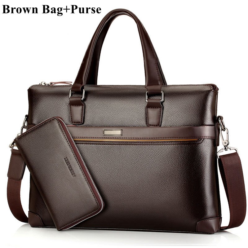 Famous Brand Men Briefcase PU Leather Laptop Briefcases Male Bag Business Shoulder Bags Men Bags Handbag WBS503-3: Brown Purse