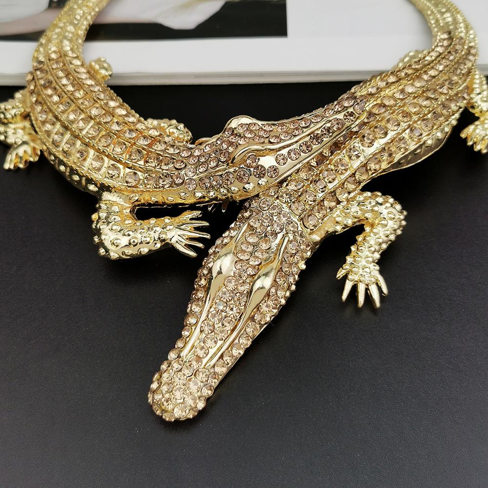 Manilai grandes crocodilos colares incrustação completa strass feminino statement jóias liga torques gargantilha bib colar maxi