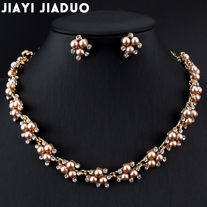 Jiayijiaduo Evening Dress Wedding Imitation Pearl Jewelry Sets Necklace Earrings for Charm Women Clothing Accessories Gold Color: 1