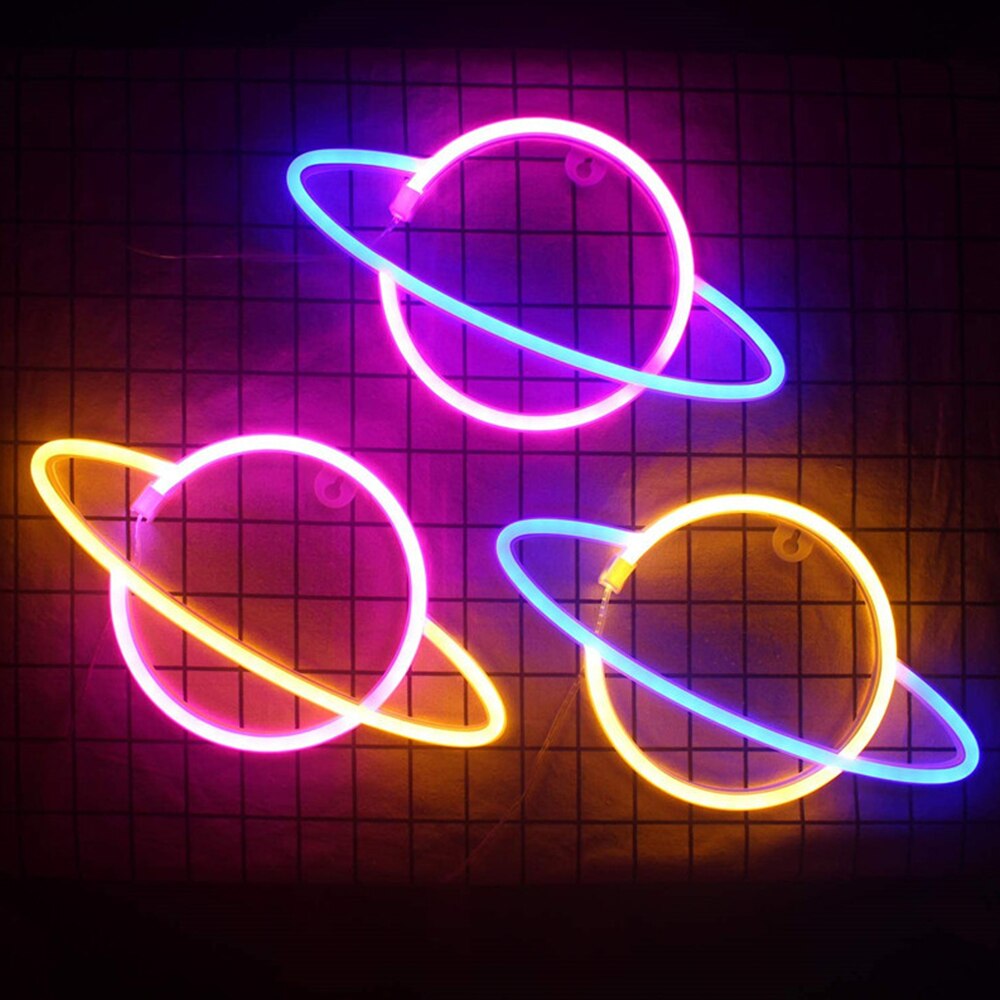 LED Neon Lamp Elliptical Planet Shaped Sign Lamp Battery Powered Party Home Decor Wall Light Party Neight Light